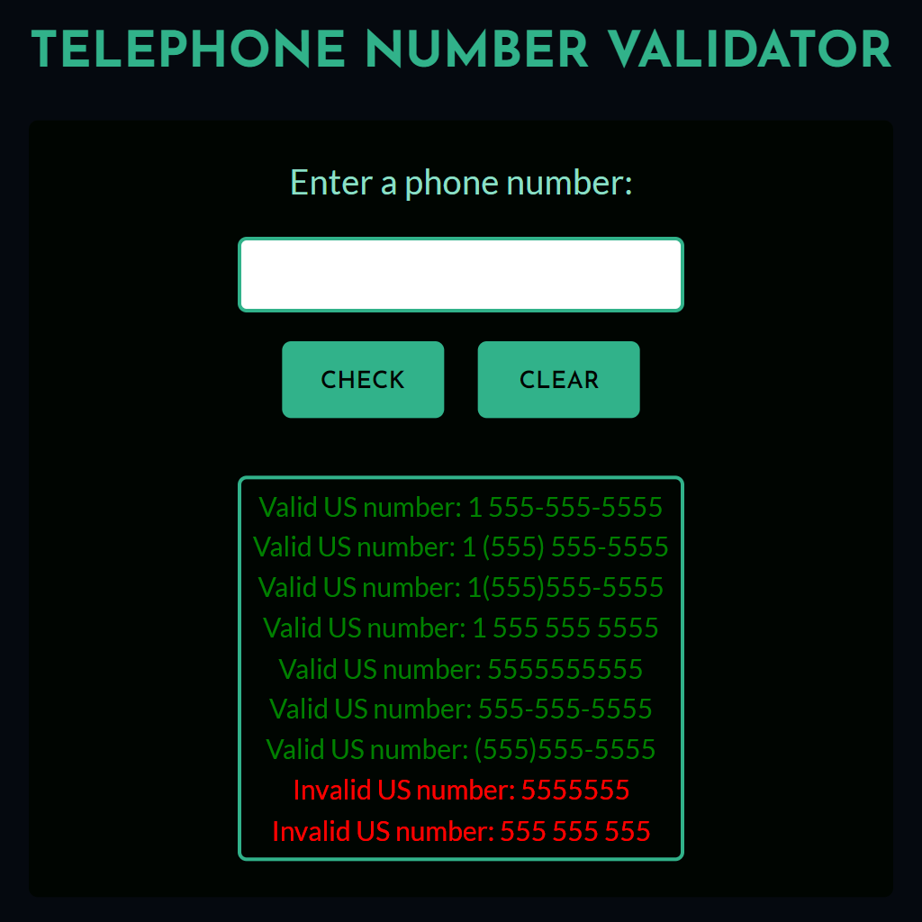 Telephone Number Validator Project Screenshot.